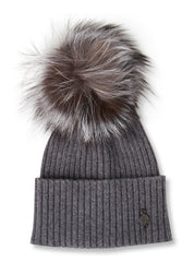 Recycled Cashmere Beanie With Reused Fur Pom - Women's