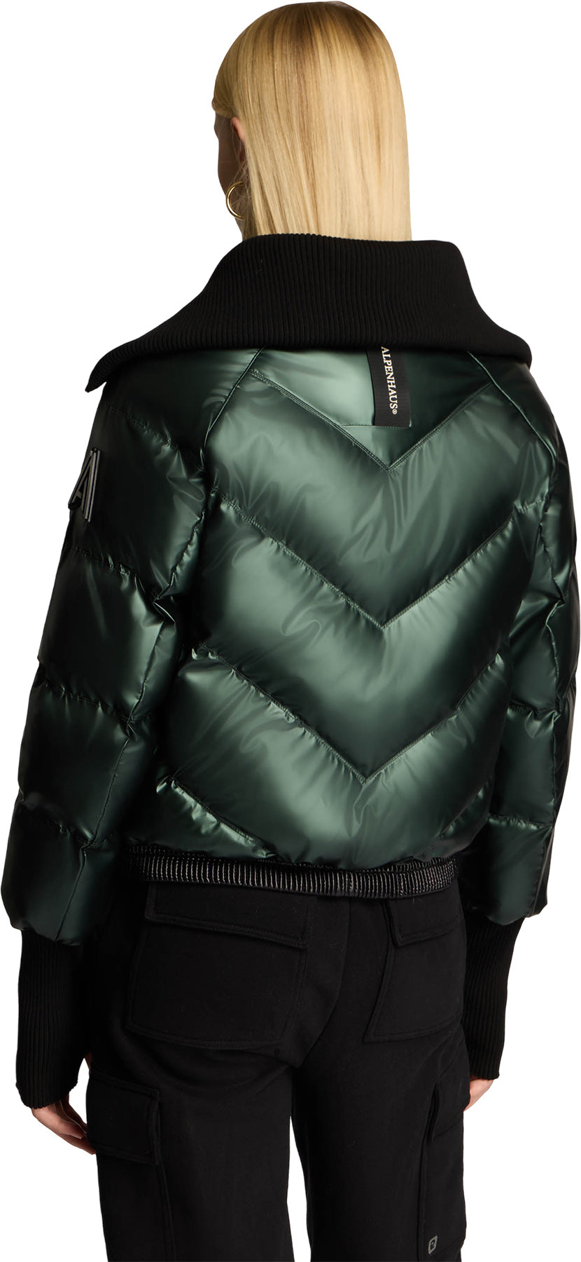 Morinway Short Puffer Bomber Jacket with Oversized Rib Knit Collar - Women's