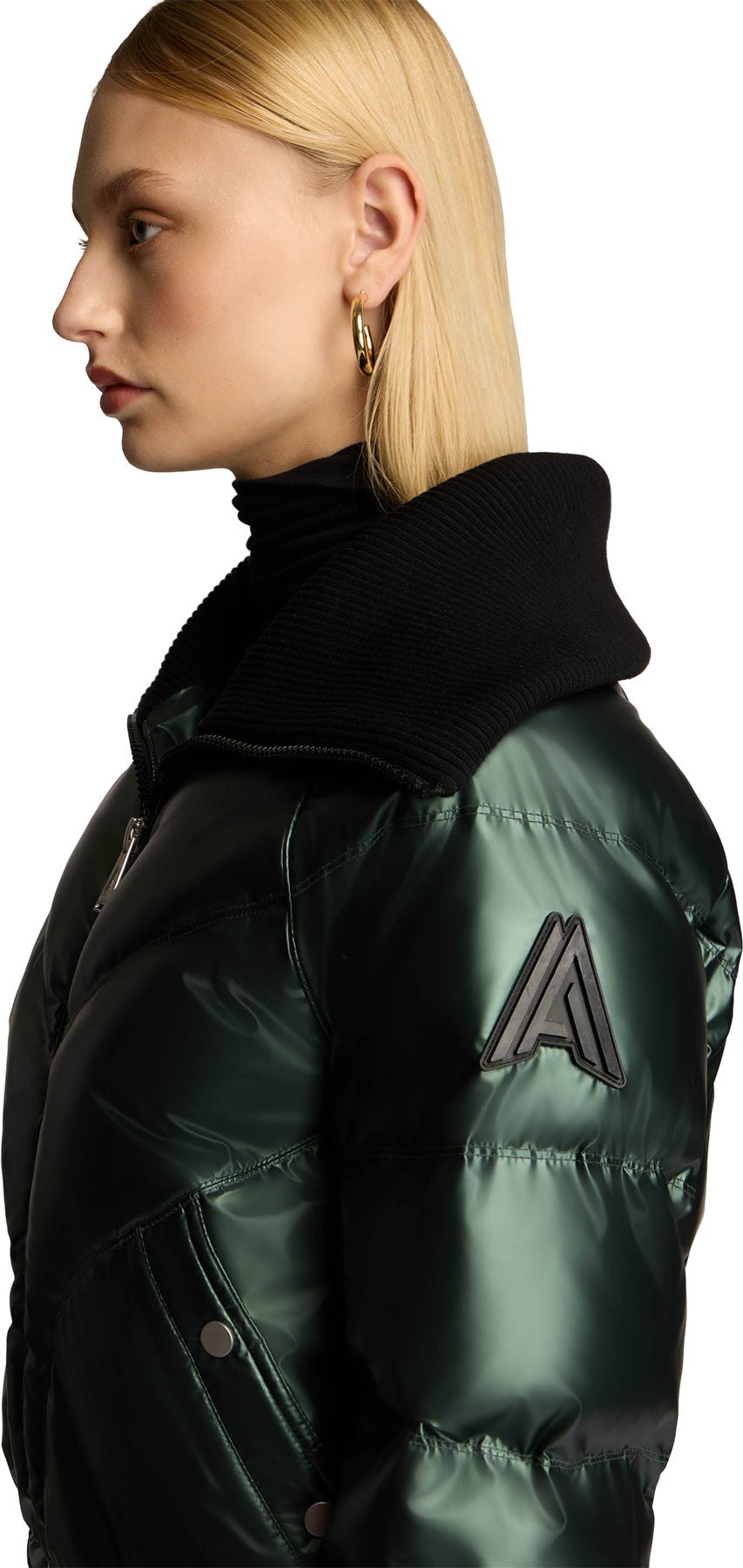 Morinway Short Puffer Bomber Jacket with Oversized Rib Knit Collar - Women's