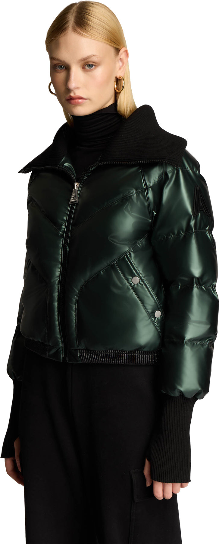 Morinway Short Puffer Bomber Jacket with Oversized Rib Knit Collar - Women's
