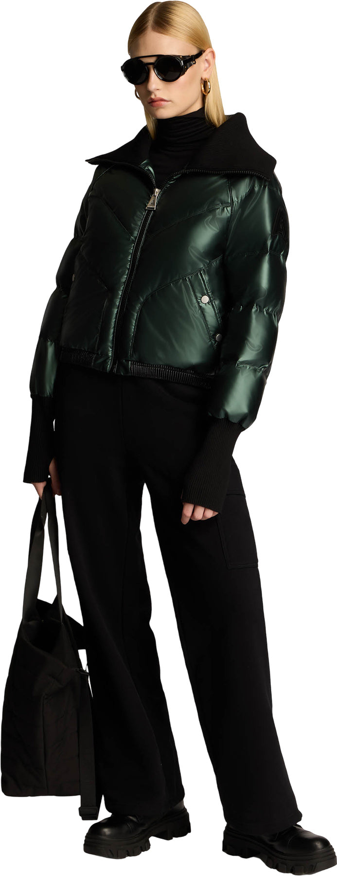 Morinway Short Puffer Bomber Jacket with Oversized Rib Knit Collar - Women's
