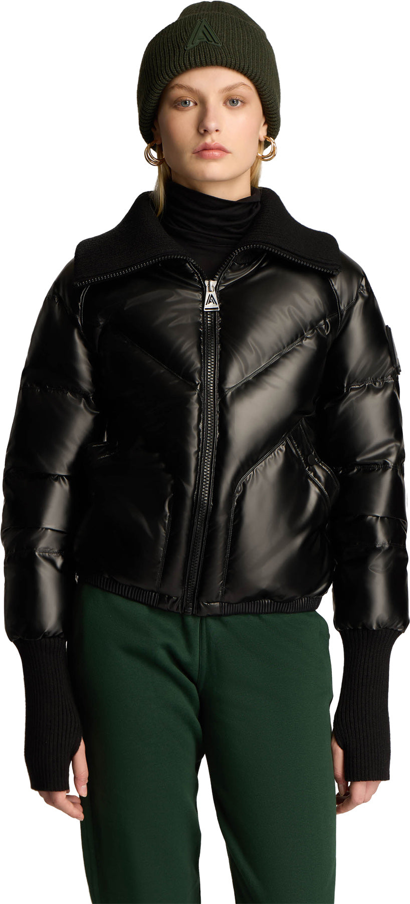 Morinway Short Puffer Bomber Jacket with Oversized Rib Knit Collar - Women's