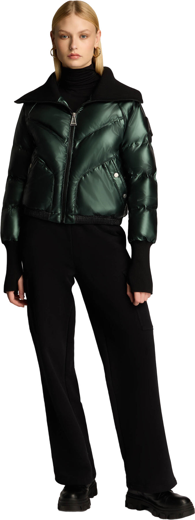 Morinway Short Puffer Bomber Jacket with Oversized Rib Knit Collar - Women's